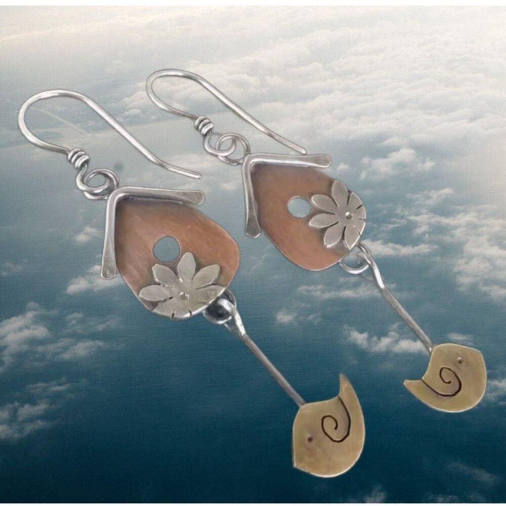 Copper Bird House with a Dangling Gold Bird Earrings